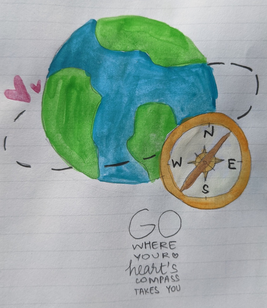 Image of a globe with a compass next to it. The caption says "go where your heart's compass takes you"